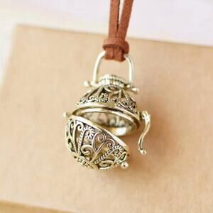 Aromatherapy Diffuser Pendant Necklace Cut Out Filigree Ball Gold Tone